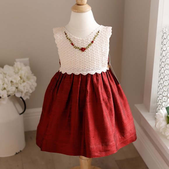 Red Dupioni Silk Dress Crocheted Top Size 12/18 Months Special Occasion NWT - Picture 1 of 6